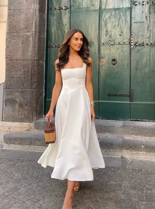 Lotus leaf type long dress with square neck